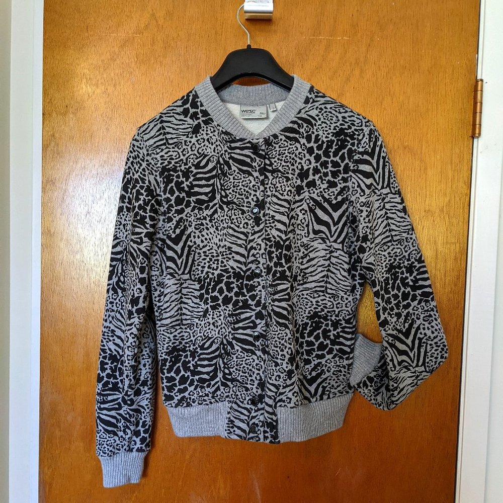 WeSC Cotton Fleece Zebra Print Varsity Bomber Jacket with Pockets- Womens S
